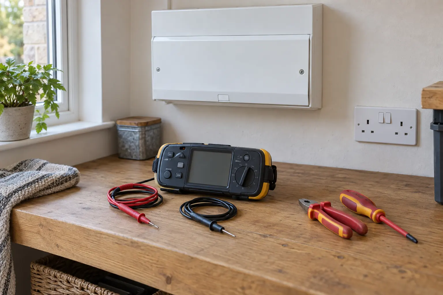 Electrical tester and insulated tools beside a closed domestic consumer unit